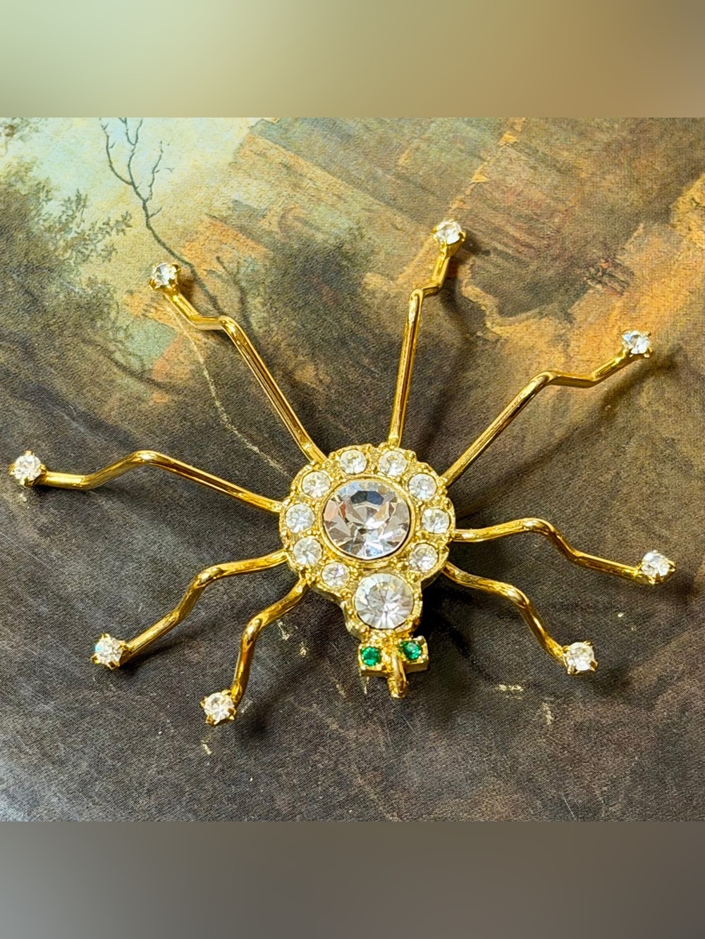Gold Crystal Spider Brooch with Green Accent - Women Jewelry